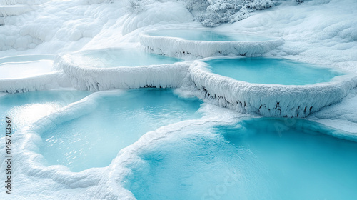 Obraz na płótnie Mineral rich baby blue thermal waters flow through white travertine terraces in Pamukkale Turkey symbolizing healing purity natural wonder and peaceful escape in a serene wellness travel landscape
w salonie