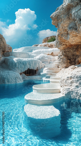 Mineral rich baby blue thermal waters flow through white travertine terraces in Pamukkale Turkey symbolizing healing purity natural wonder and peaceful escape in a serene wellness travel landscape

