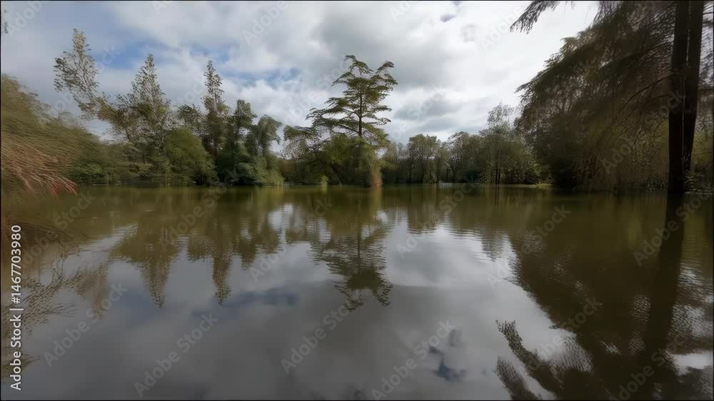 Trees reflected in tranquil lake waters under an overcast sky, creating a serene and natural landscape filled with peace.