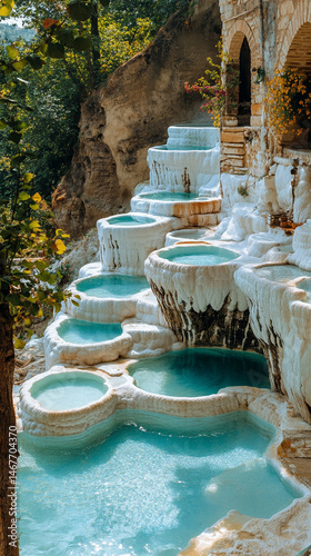 Mineral rich baby blue thermal waters flow through white travertine terraces in Pamukkale Turkey symbolizing healing purity natural wonder and peaceful escape in a serene wellness travel landscape

