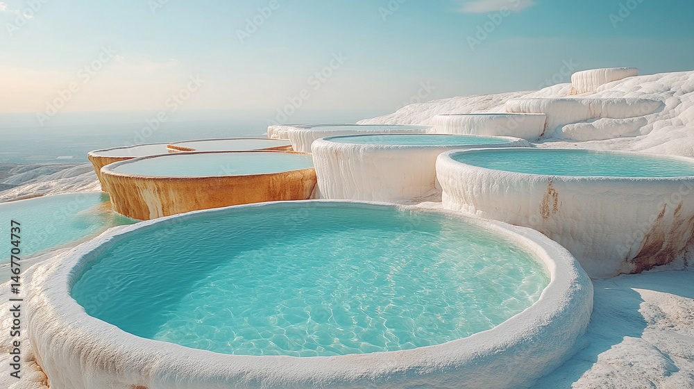 Mineral rich baby blue thermal waters flow through white travertine terraces in Pamukkale Turkey symbolizing healing purity natural wonder and peaceful escape in a serene wellness travel landscape
