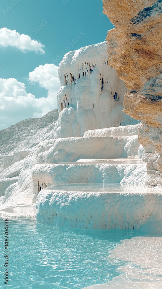 Mineral rich baby blue thermal waters flow through white travertine terraces in Pamukkale Turkey symbolizing healing purity natural wonder and peaceful escape in a serene wellness travel landscape