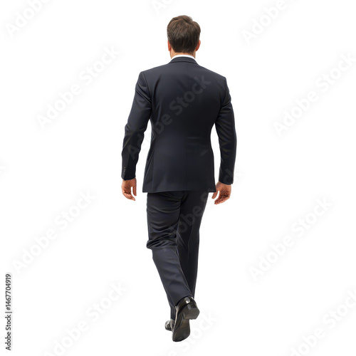 Businessman walking confidently in a tailored suit against a plain background at an indoor venue during a professional event