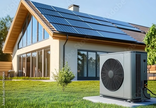 A modern house with solar panels on the roof and an air-conditioning heat pump in the front yard.
