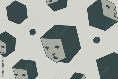Sad cubic faces falling abstract art muted tones geometric pattern minimalist design grey background