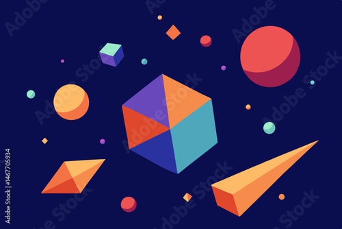 Vibrant geometric shapes float in a dark blue space creating a dynamic colorful and abstract art