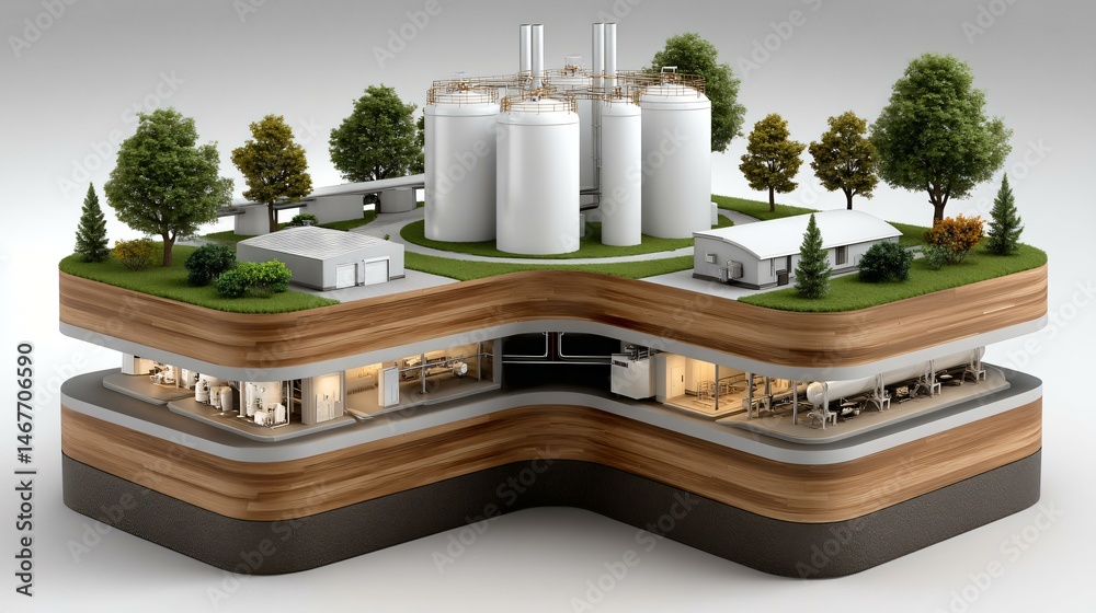 Cross-section 3D mockup of a biogas power plant showing layered subsurface piping, underground storage tanks, and above ground generator enclosures with transparent reactor walls