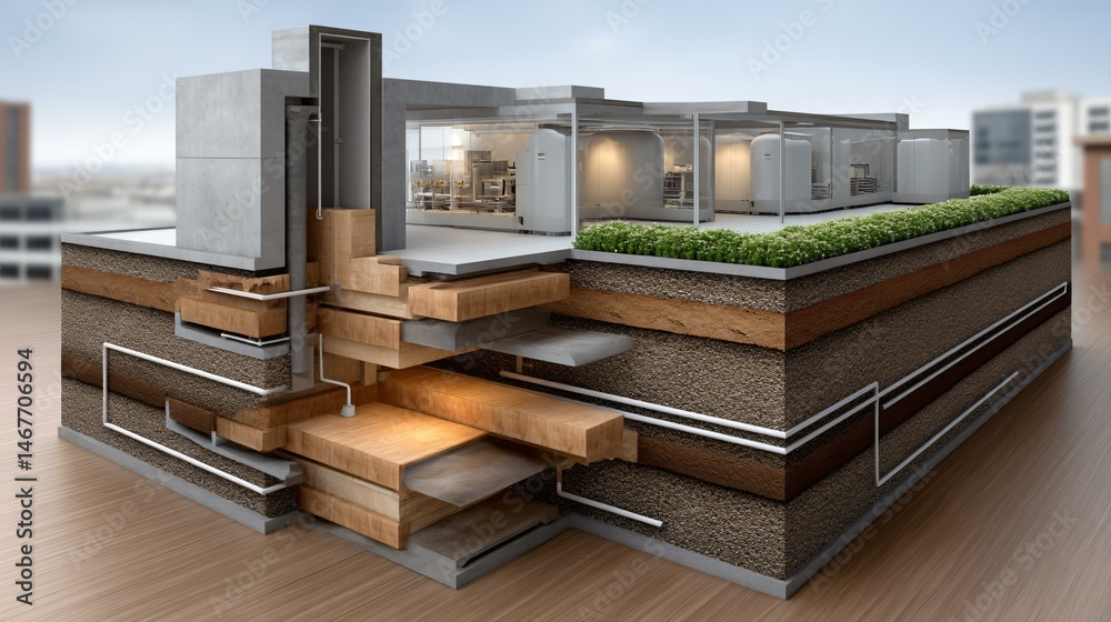 Cross-section 3D mockup of a biogas power plant showing layered subsurface piping, underground storage tanks, and above ground generator enclosures with transparent reactor walls