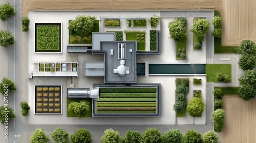 Obraz na płótnie Aerial illustration of biogas power plant master plan showing reactor fields, feedstock delivery roads, control building, and grid interconnection substation with labeled zones w salonie