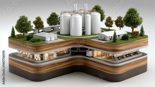 Obraz na płótnie Cross-section 3D mockup of a biogas power plant showing layered subsurface piping, underground storage tanks, and above ground generator enclosures with transparent reactor walls w salonie