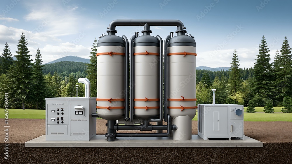 Interior cross-section illustration of a biogas power plant showing feedstock reception, anaerobic digestion chambers, gas scrubbers, and generator sets with labeled flow arrows for technical