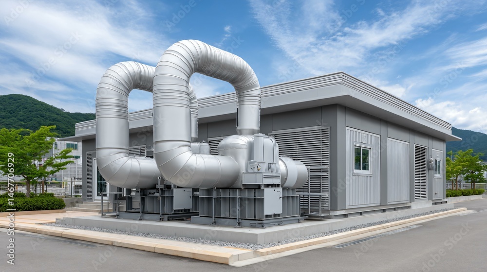 Modern biogas co-generation plant exterior shot with stainless steel exhaust silencer, generator containers, and insulated pipelines under blue sky and branded facility signage