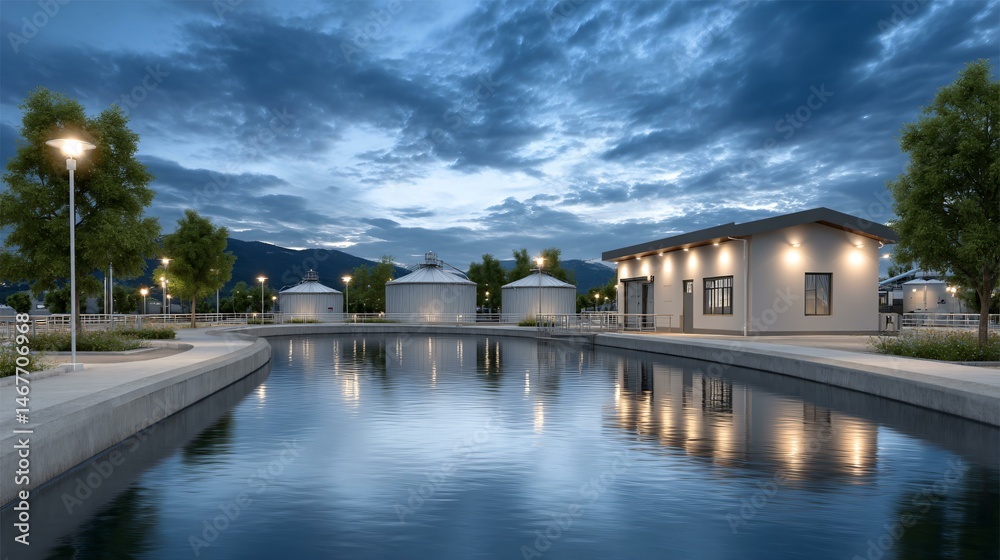 Nighttime panorama of a biogas power station illuminated by floodlights, with glowing digesters, transformer bays, and reflective water treatment ponds under starry sky