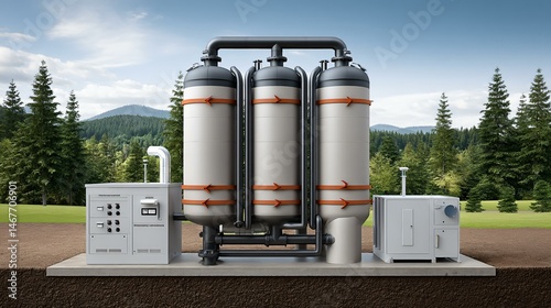Obraz na płótnie Interior cross-section illustration of a biogas power plant showing feedstock reception, anaerobic digestion chambers, gas scrubbers, and generator sets with labeled flow arrows for technical w salonie