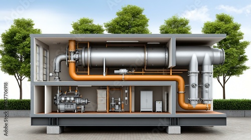 Obraz na płótnie Interior cross-section illustration of a biogas power plant showing feedstock reception, anaerobic digestion chambers, gas scrubbers, and generator sets with labeled flow arrows for technical w salonie
