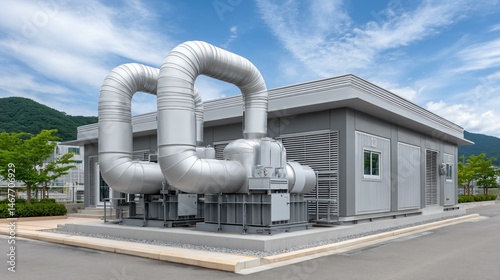 Obraz na płótnie Modern biogas co-generation plant exterior shot with stainless steel exhaust silencer, generator containers, and insulated pipelines under blue sky and branded facility signage w salonie