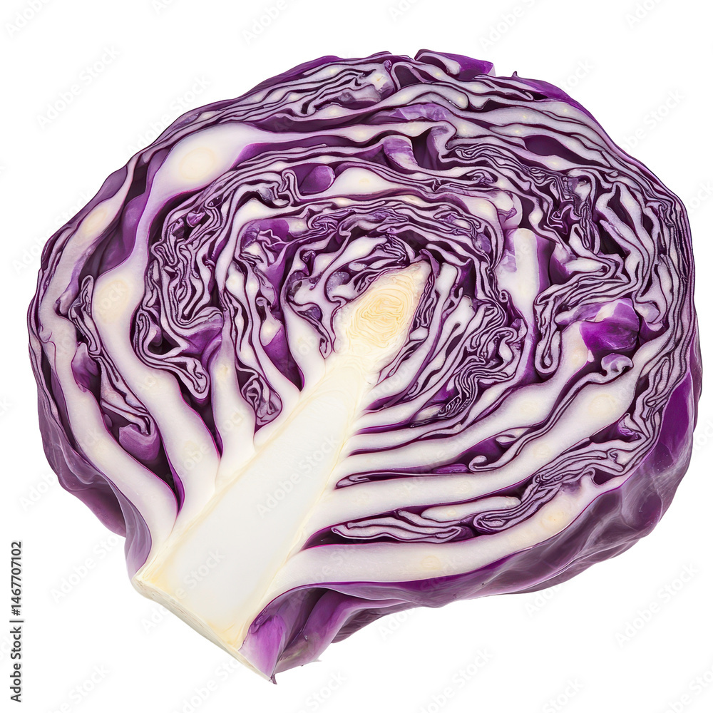 Obraz premium Freshly cut purple cabbage showcasing intricate layering and vibrant color in a bright kitchen setting