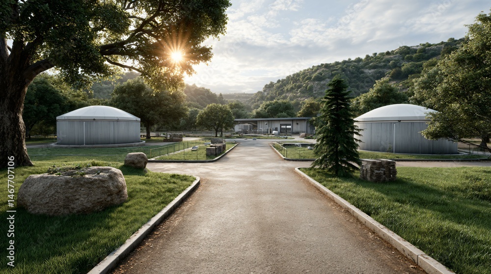 Photoreal scene of a remote rural biogas plant powering agricultural equipment directly via dedicated off-grid micro-turbine units under golden hour sunlight