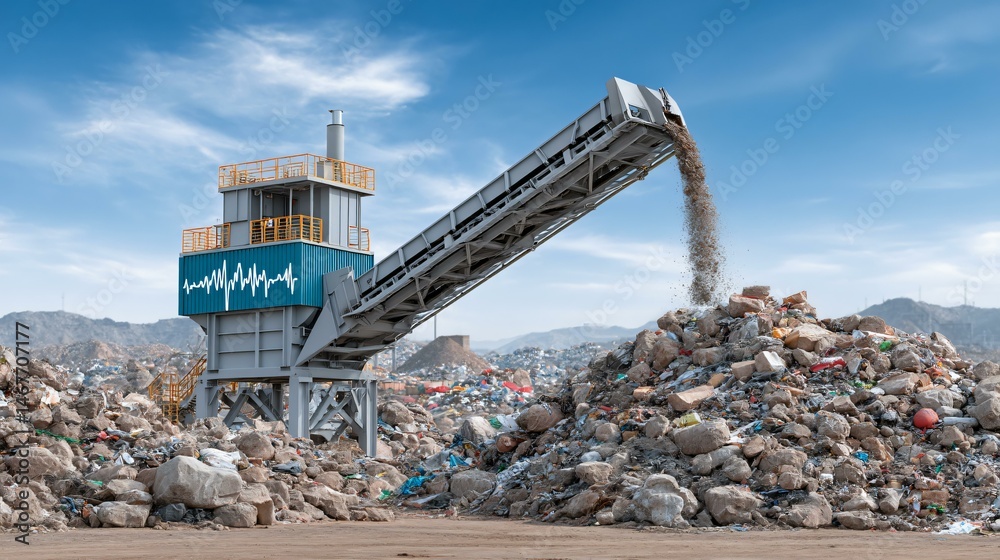 Time-lapse composite of organic waste tipping into a biogas digester intake hopper, methane production graph overlay, and electricity meters spinning to indicate power generation