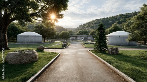Obraz na płótnie Photoreal scene of a remote rural biogas plant powering agricultural equipment directly via dedicated off-grid micro-turbine units under golden hour sunlight w salonie