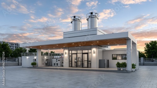 Obraz na płótnie Photorealistic rendering of a community-scale biogas plant powering local grid, showing digesters, generator containers, and microgrid switchgear in a village setting at sunrise w salonie