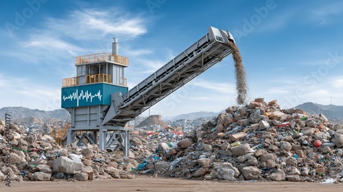 Obraz na płótnie Time-lapse composite of organic waste tipping into a biogas digester intake hopper, methane production graph overlay, and electricity meters spinning to indicate power generation w salonie