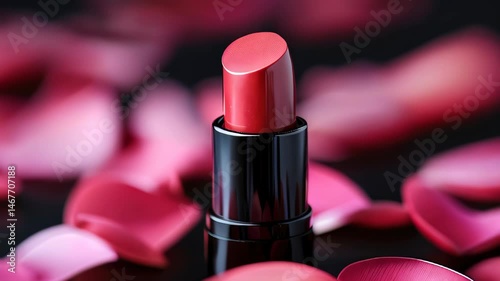 Bright red lipstick among the rose petals.