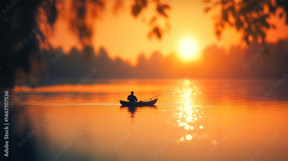 Fototapeta premium Serene sunset over a lake with a lone fisherman in a boat