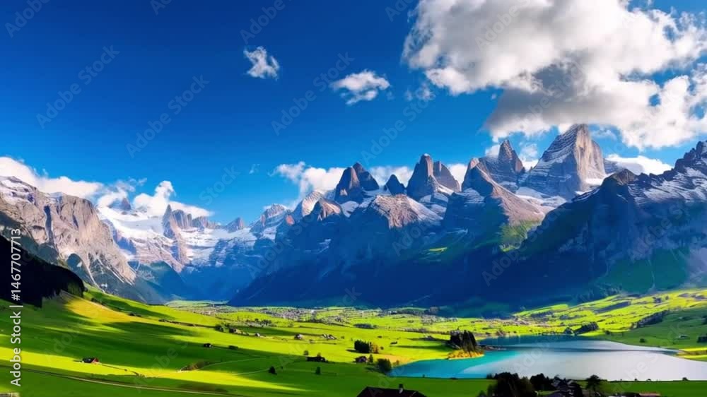 A panoramic summer view of an alpine mountain landscape with a green valley and a snow-capped peak under a cloudy sky
