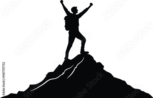 Silhouette of Triumphant Hiker on Mountain Peak Celebrating Success and Freedom