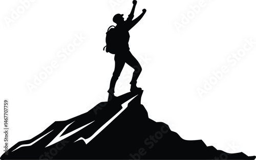 Silhouette of Triumphant Hiker on Mountain Peak Celebrating Success and Freedom