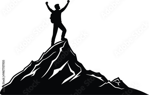 Silhouette of Triumphant Hiker on Mountain Peak Celebrating Success and Freedom