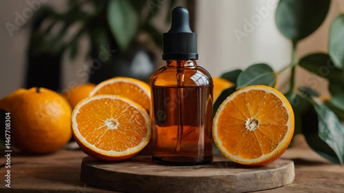 Orange fruits and orange oil on a wooden table.