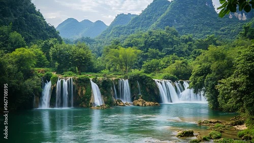 Tranquil Waterfall Scene in Lush Green Mountains
