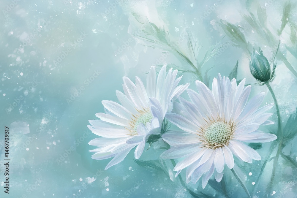 Obraz premium Delicate white flowers in soft teal background.