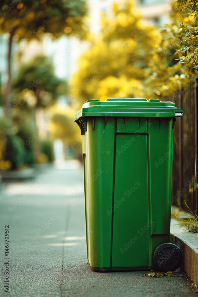 Green recycling bin on a clean sidewalk with blurred background Green recycling bin on a clean sidewalk with blurred background