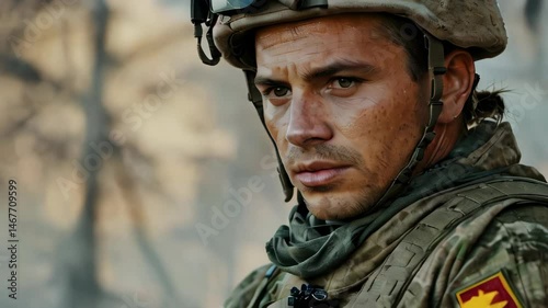 A man in a military uniform against the background of a forest