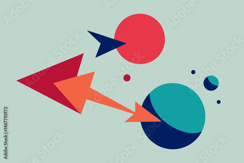 Abstract art vibrant arrows circles interact dynamically on a light green background