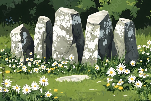 Moss covered ancient stones and wildflowers