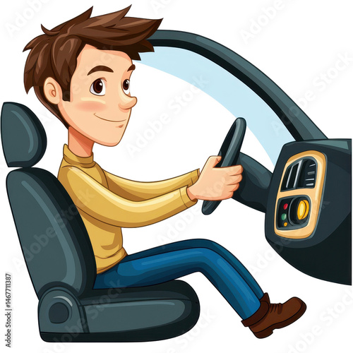 Young driver enjoying a joyful ride in a car interior with a cheerful expression while gripping the steering wheel