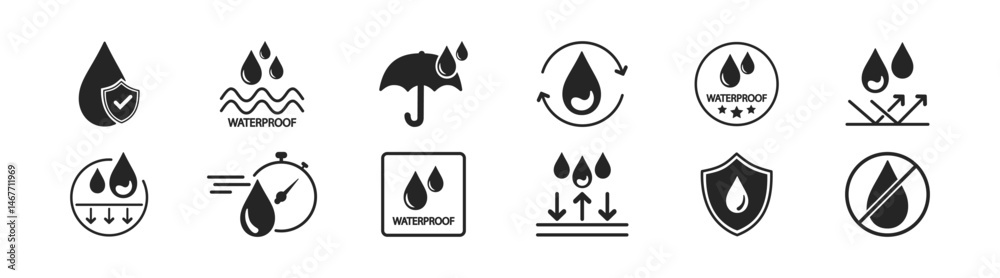 Waterproof icons. Water resistant symbol. Water drop protection concept. Vector illustration
