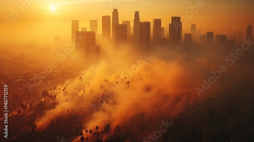 A town skyline engulfed in thick smog from wildfires and pollution
