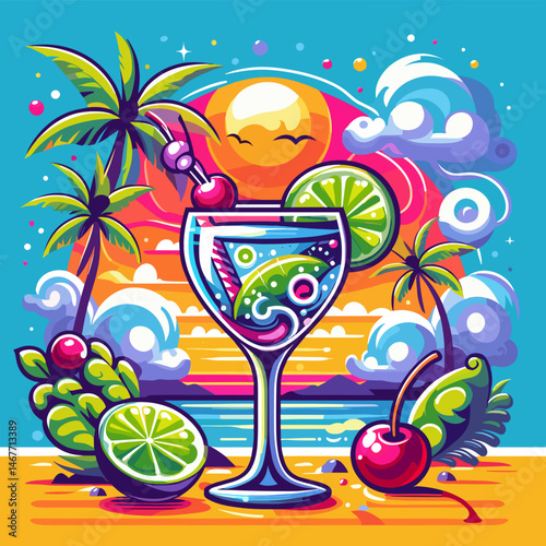 Colorful cocktail with fruit garnishes on a tropical sunset background