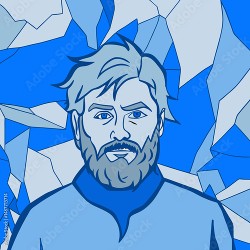 Bold bearded man portrait icy blue tones abstract geometric background Stylized illustration cool