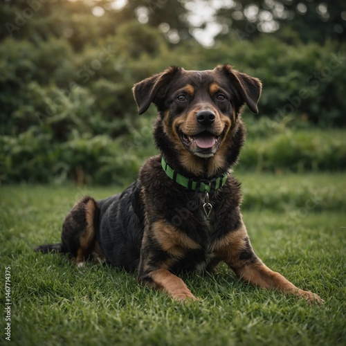 Rocky enjoying the grass with a blurry backdrop
