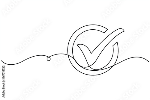 Continuous one line drawing of check tick mark linear icon, vector illustration