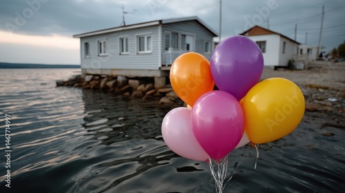 Colorful Helium Balloons Floating Near Lakeside Houses During Overcast Evening photo