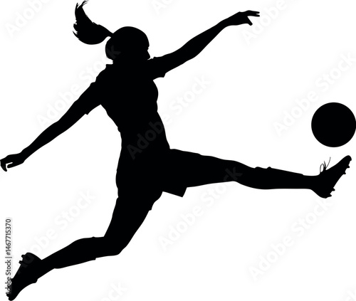 Dynamic Female Soccer Player Silhouette Kicking Ball in Mid-Air – Athletic Motion & Power