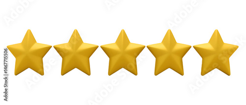 Five shiny yellow stars on a transparent background, perfect for ratings, reviews, and decorative elements in digital designs, websites, and promotional materials.