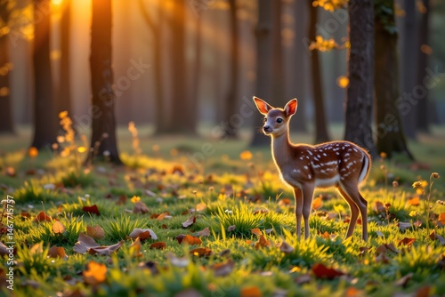 a serene morning scene in an autumnal forest with fallen leaves covering the ground